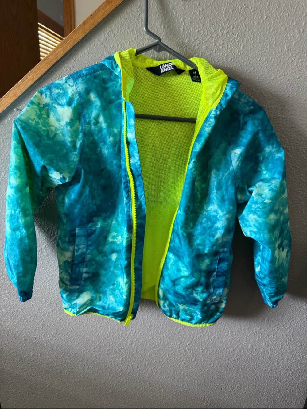 Lands' End Kids' Teal Tie-Dye Rain coat with Neon Yellow Lining